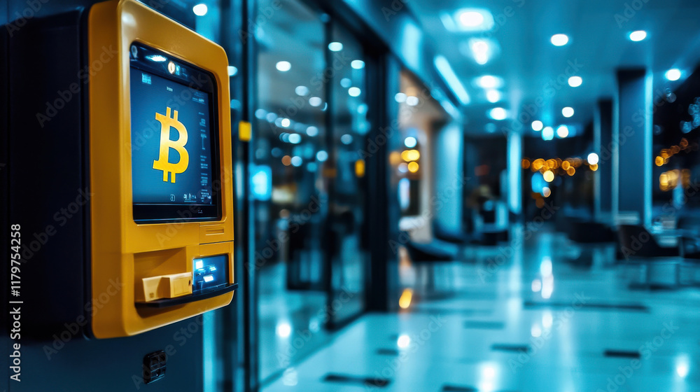 Fototapeta premium standout Bitcoin ATM in contemporary setting, illuminated at night
