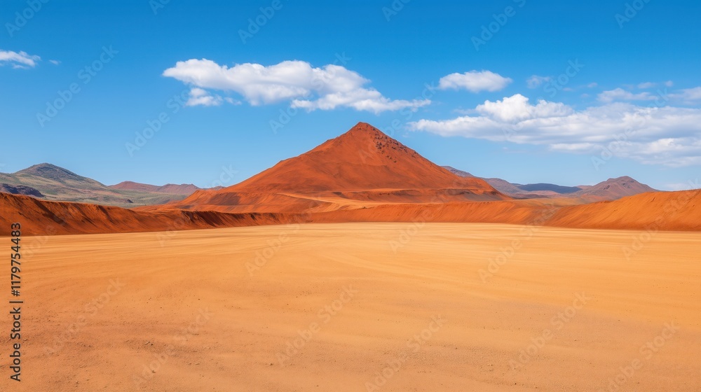 Mars-Like Landscape of Riotinto Mines with Red Terrain and Clear Sky in Arid Desert Environment Under Bright Blue Sky with Fluffy White Clouds Capturing Unique Geological Features