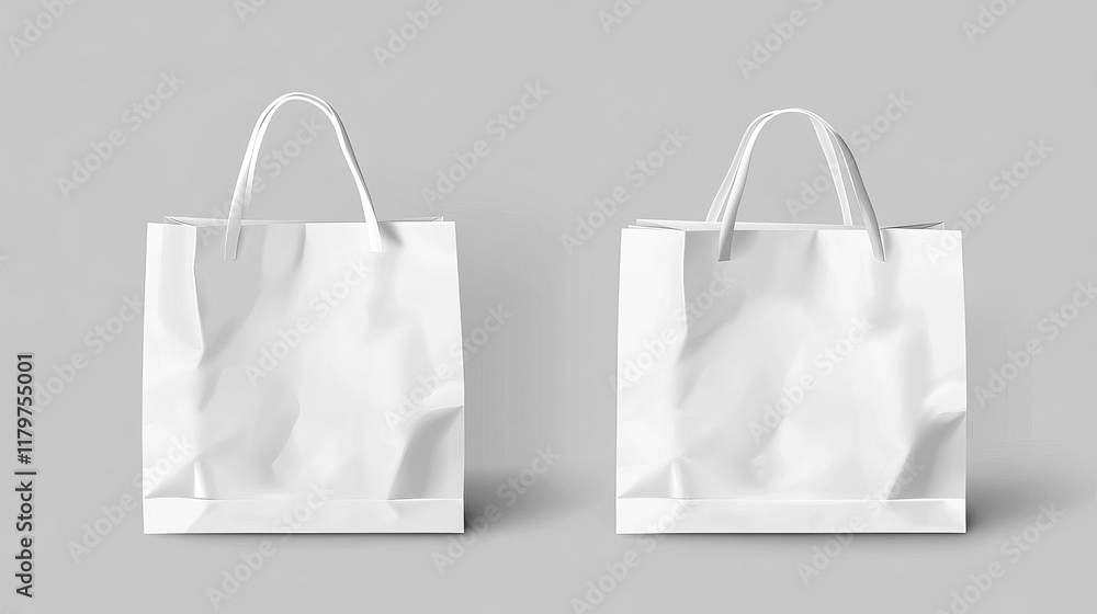White paper shopping bags front and top view. Vector realistic mockup of blank packet with handles isolated on gray background. Template for corporate design on cardboard bag for store or market White paper shopping bags front and top view. Vector realistic mockup of blank packet with handles isolated on gray background. Template for corporate design on cardboard bag for store or market