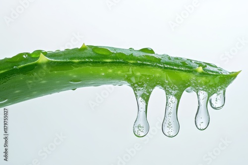 Sliced aloe vera leaf with dripping gel on white background