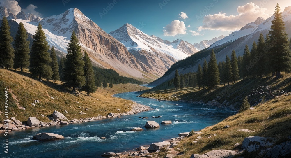 Obraz premium A highaltitude river flowing through a deep valley lined with alpine trees