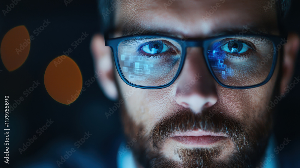 focused man with glasses gazes intently, reflecting digital data in his lenses. background features soft bokeh lights, enhancing tech savvy atmosphere focused man with glasses gazes intently, reflecting digital data in his lenses. background features soft bokeh lights, enhancing tech savvy atmosphere