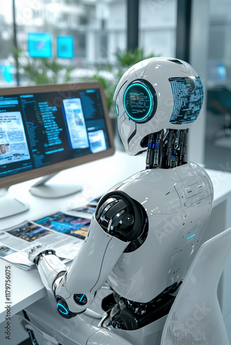 White Robot Analyzing Holographic Data Streams at Modern Desk Futuristic Office AI Technology