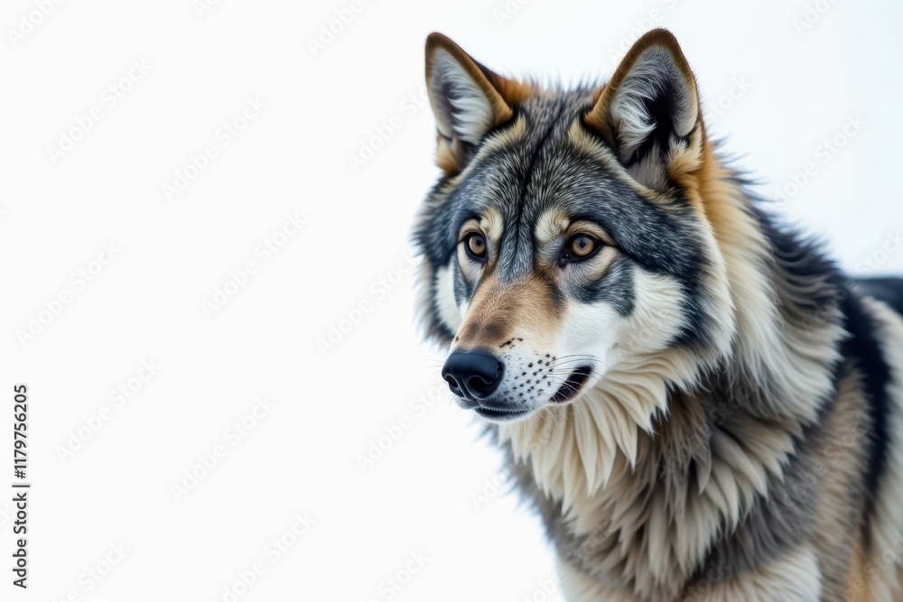 Fototapeta premium Lone gray wolf, intense stare, white backdrop, canine, beast