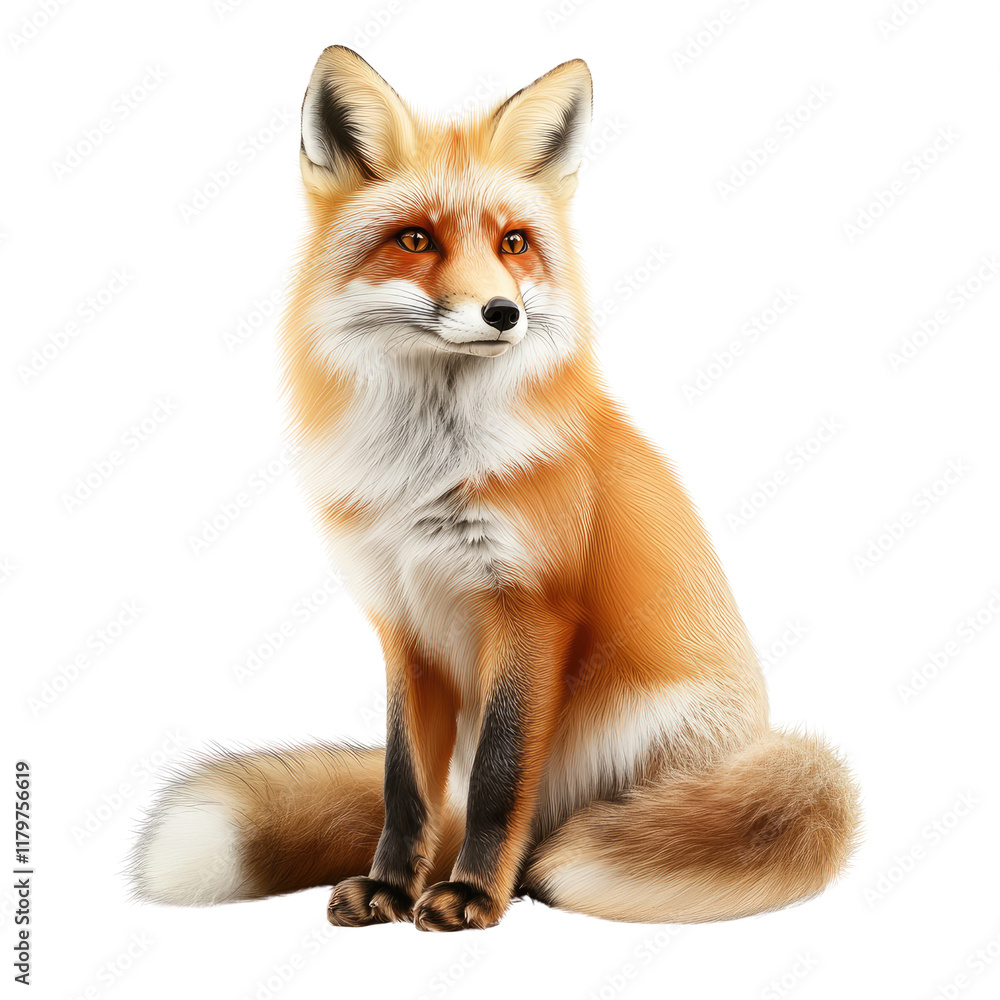 Realistic illustration of a sitting fox with vibrant fur, expressive eyes, and a bushy tail against a neutral background Realistic illustration of a sitting fox with vibrant fur, expressive eyes, and a bushy tail against a neutral background