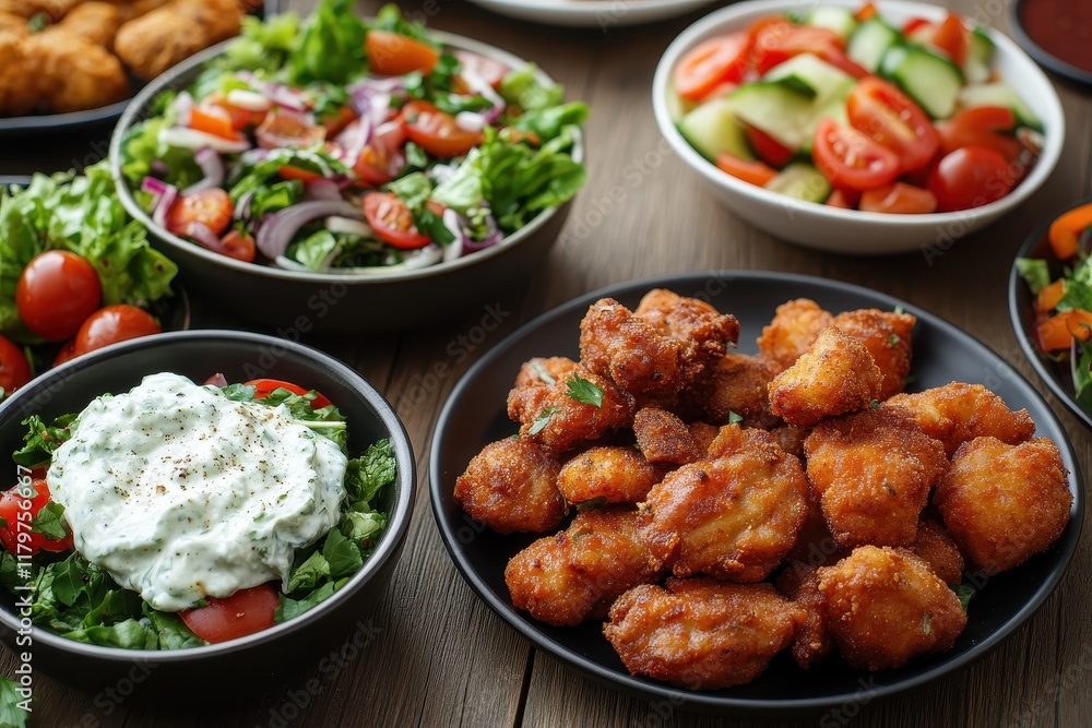 Souvlaki Greek salad and tzatziki served on a wooden table Souvlaki Greek salad and tzatziki served on a wooden table
