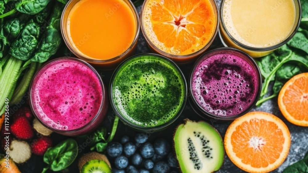 Overhead shot of six colorful glasses of fresh fruit and vegetable juices surrounded by ingredients. Overhead shot of six colorful glasses of fresh fruit and vegetable juices surrounded by ingredients.