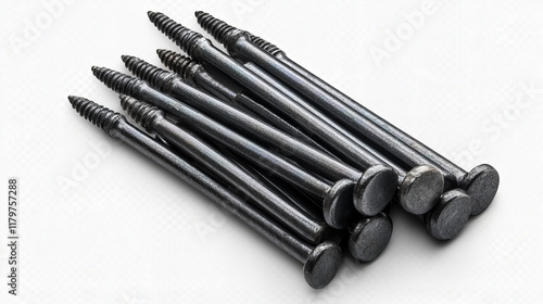 Nails heads top view, steel metal pins with checkered ornament, spikes hardware grey caps with grooves, new hobnails isolated on transparent background. Realistic 3d vector illustration, icons set photo