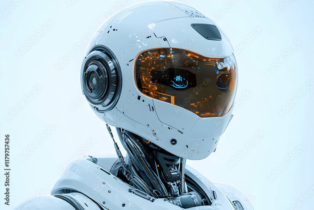 Close-up view of a futuristic robot head, showcasing sleek white design, advanced technology and glowing internal components. The image evokes a sens Close-up view of a futuristic robot head, showcasing sleek white design, advanced technology and glowing internal components. The image evokes a sens