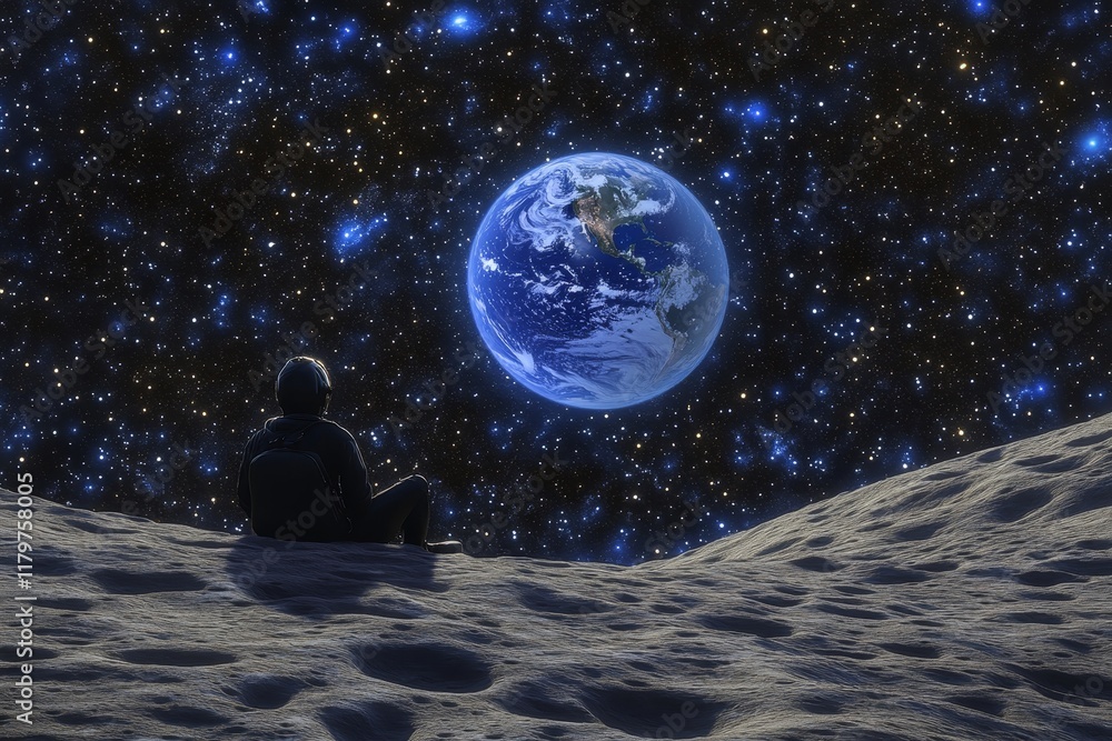 Fototapeta premium A Solo Traveler Gazes at Earth from the Surface of the Moon Under a Starry Sky, Capturing the Beauty of Space Exploration and the Sense of Wonder