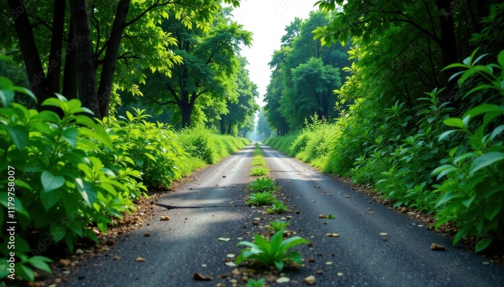 Fototapeta premium Overgrown vegetation reclaims cracked asphalt streets , overgrown, nature