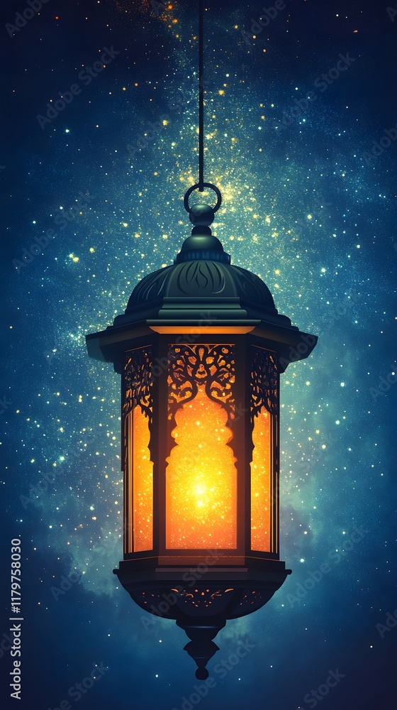 Glowing Ramadan lanterns under a stunning starry background, peaceful night scene, extra space reserved for text Glowing Ramadan lanterns under a stunning starry background, peaceful night scene, extra space reserved for text