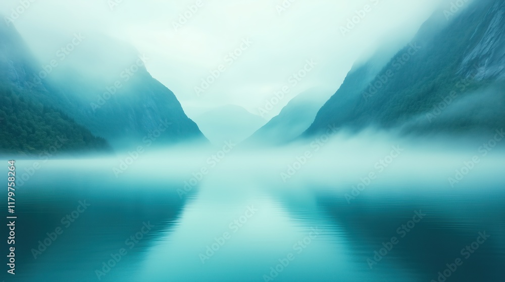 Fototapeta premium Norwegian Landscape With Misty Morning Rippled Water And Mountain Reflections, Serene Atmosphere, Tranquil Seascape Enveloped In Mist, Nature Photography, Nordic Wilderness, Ethereal Peace