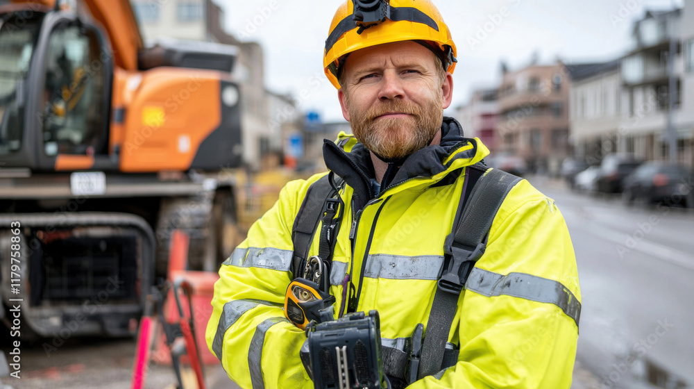 maintenance engineer yellow safety jacket and helmet stands confidently construction site, showcasing professionalism and maintenance engineer yellow safety jacket and helmet stands confidently construction site, showcasing professionalism and