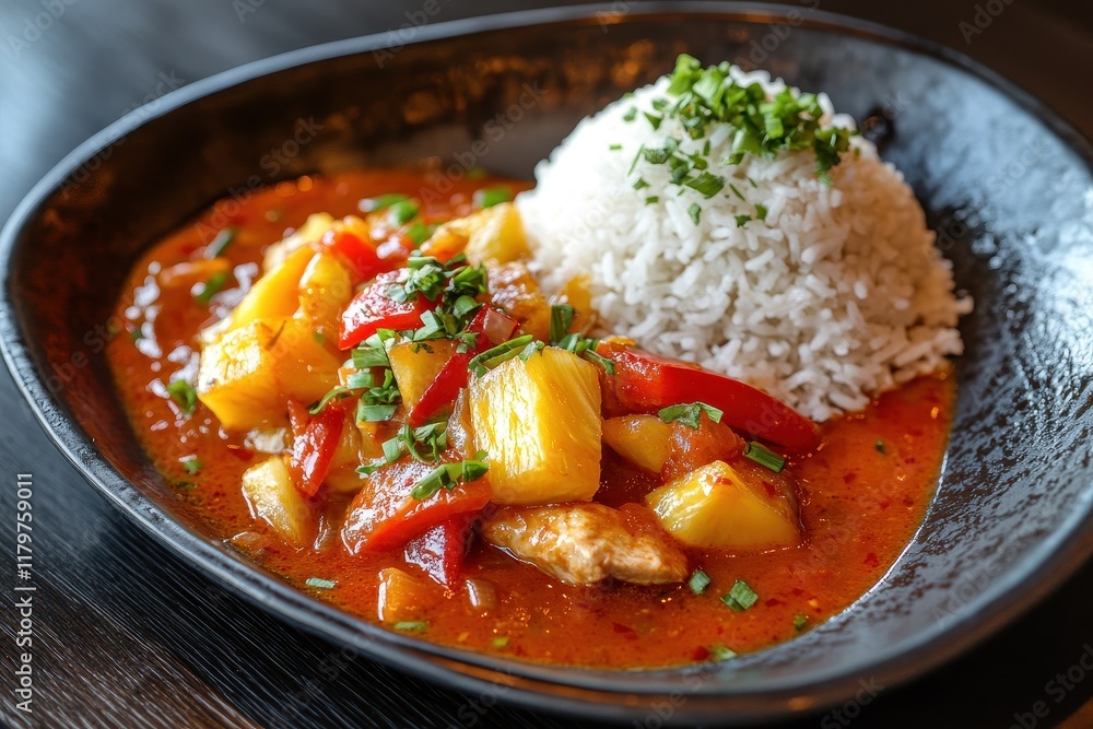 Sweet and sour pineapple chicken with bell pepper rice and green onions Sweet and sour pineapple chicken with bell pepper rice and green onions
