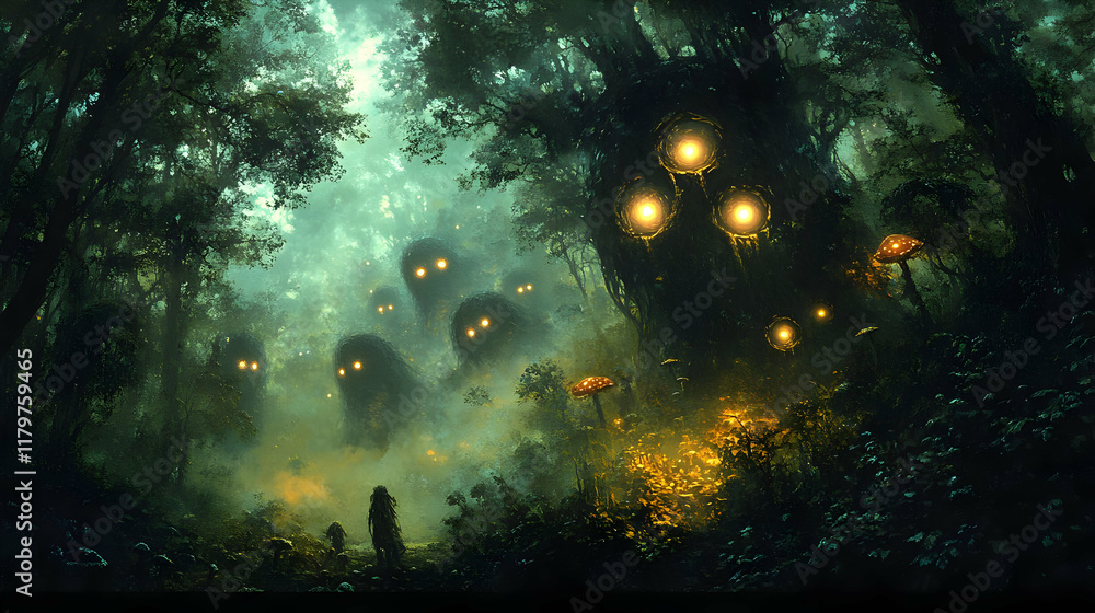 Fototapeta premium Enigmatic Forest: Glowing Creatures and a Mysterious Silhouette in a Dark, Foggy Night