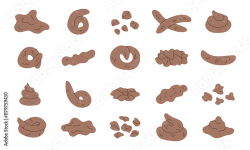 Poop excrement. Types of cat, dog or human feces. Feces of different shapes and consistencies. Vector illustrations.