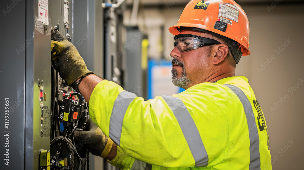 maintenance engineer in safety helmet works on electrical equipment, showcasing dedication and expertise maintenance engineer in safety helmet works on electrical equipment, showcasing dedication and expertise
