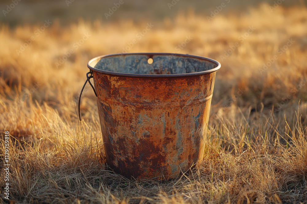 Rusty metal bucket sitting in dry grass field at sunset Rusty metal bucket sitting in dry grass field at sunset