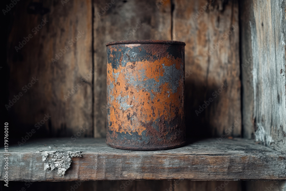 Rusty can sitting on wooden shelf in abandoned house Rusty can sitting on wooden shelf in abandoned house