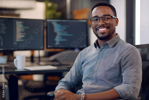 A tech professional with a friendly smile, dressed casually in a button-up shirt and glasses, seated in a sleek modern office with multiple monitors in the background.