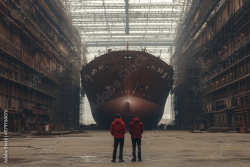 Two Individuals Standing Before a Large Ship Under Construction in an Industrial Warehouse Surrounded by Scaffolding and Equipment