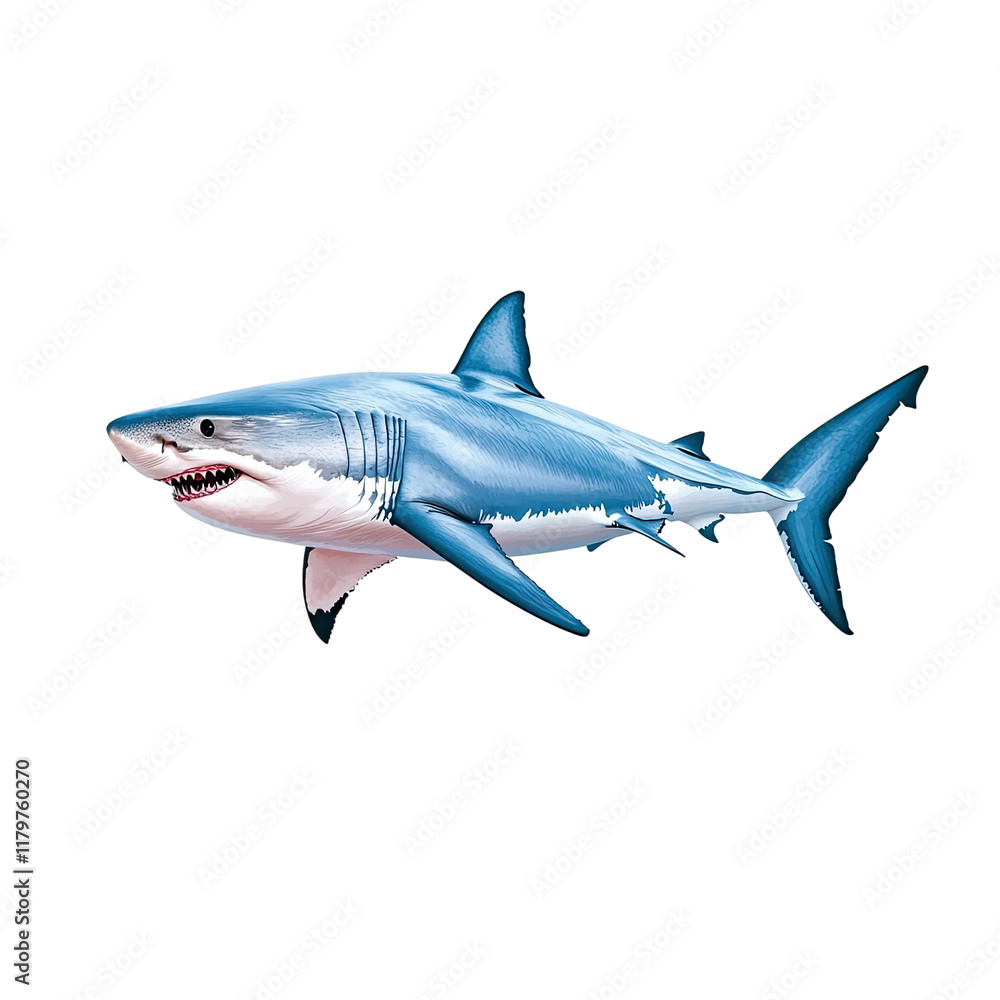 Fototapeta premium Realistic Illustration of a Great White Shark Swimming in Clear Water, Depicting Marine Life