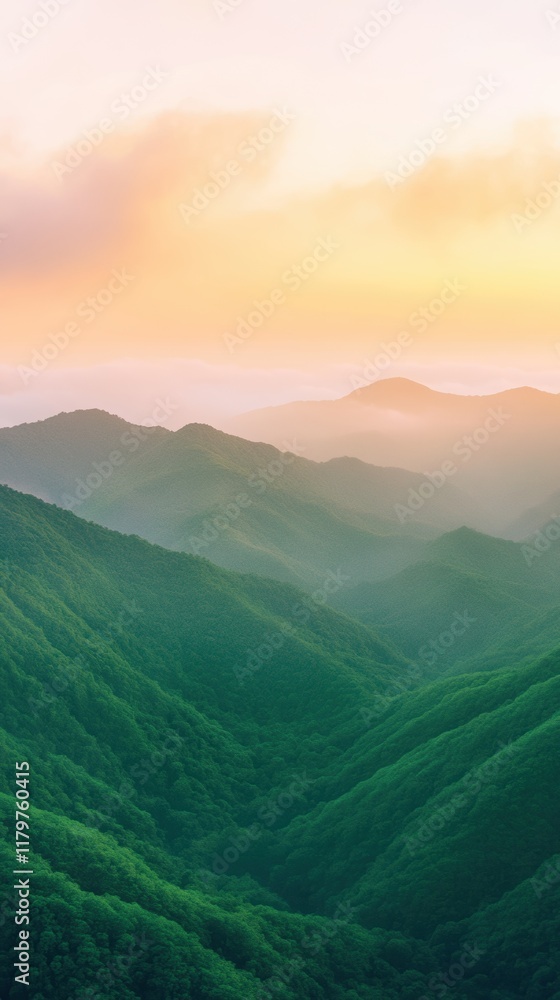 Fototapeta premium Sunrise Over Lush Green Mountain Range Scenic Nature View in Vertical Composition with Soft Pastel Sky and Mist Covered Valleys for Serene Landscape Photography and Tranquil Meditation Settings