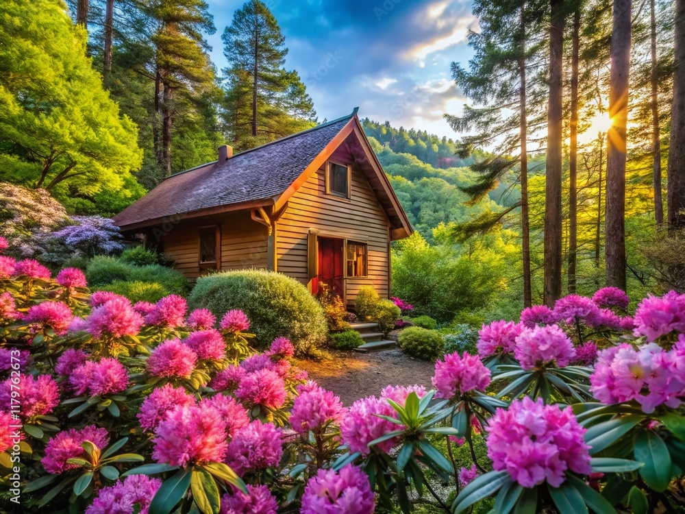 Lush Rhododendron Wood Cabin, Mountain View, Spring Blossoms, Architectural Photography Lush Rhododendron Wood Cabin, Mountain View, Spring Blossoms, Architectural Photography