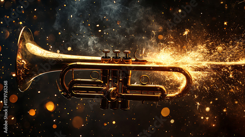 burning trumpet on black background