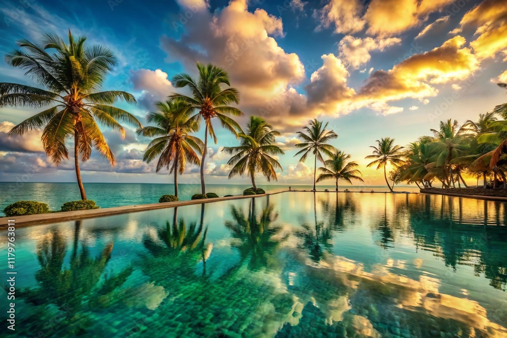 Fototapeta premium Lush Tropical Paradise: Infinity Pool Overlooking Ocean