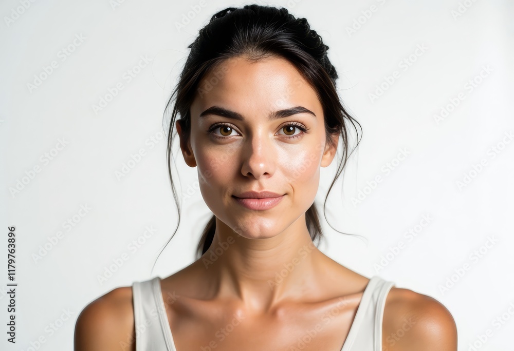 Person with dark hair and a white top on white background Person with dark hair and a white top on white background