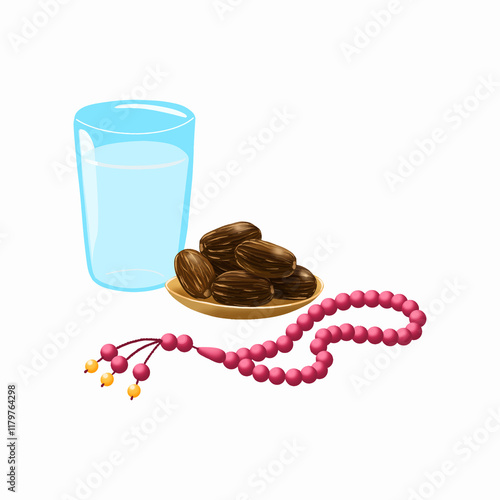 hand drawn dates water and tasbih rosary illustration photo