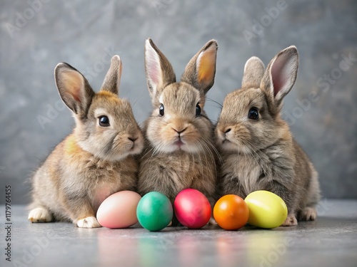 Adorable Easter Bunnies with Decorated Eggs - Spring Holiday Stock Photo photo