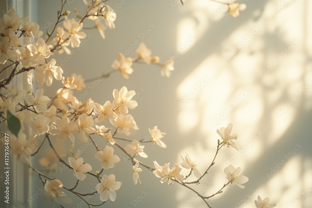 Blooming cherry blossom branches creating soft shadows on wall Blooming cherry blossom branches creating soft shadows on wall