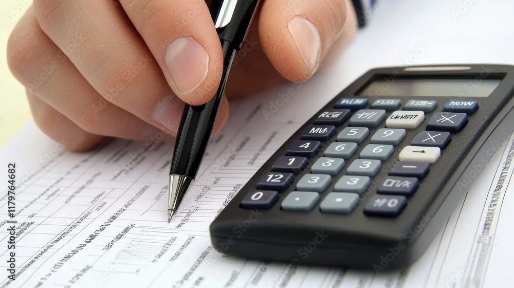 Businessman Calculating Expenses with Calculator and Pen Businessman Calculating Expenses with Calculator and Pen