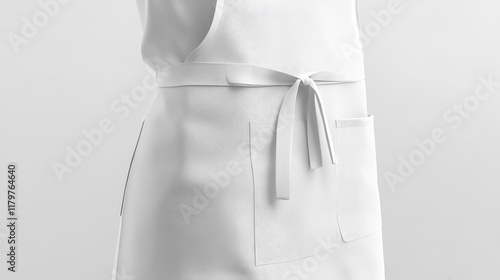 Chef aprons, white cook uniform 3d vector mockup. Kitchen or bakery staff bibs or pinafore with front pocket and strings isolated realistic templates. Restaurant, cafe or barbecue party garment design photo