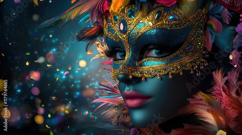 Wallpaper Mural Carnival is a vibrant festival of artistic expression. People wear colorful masks. Enchanting Masked Woman with Colorful Feathers and Glitter Torontodigital.ca