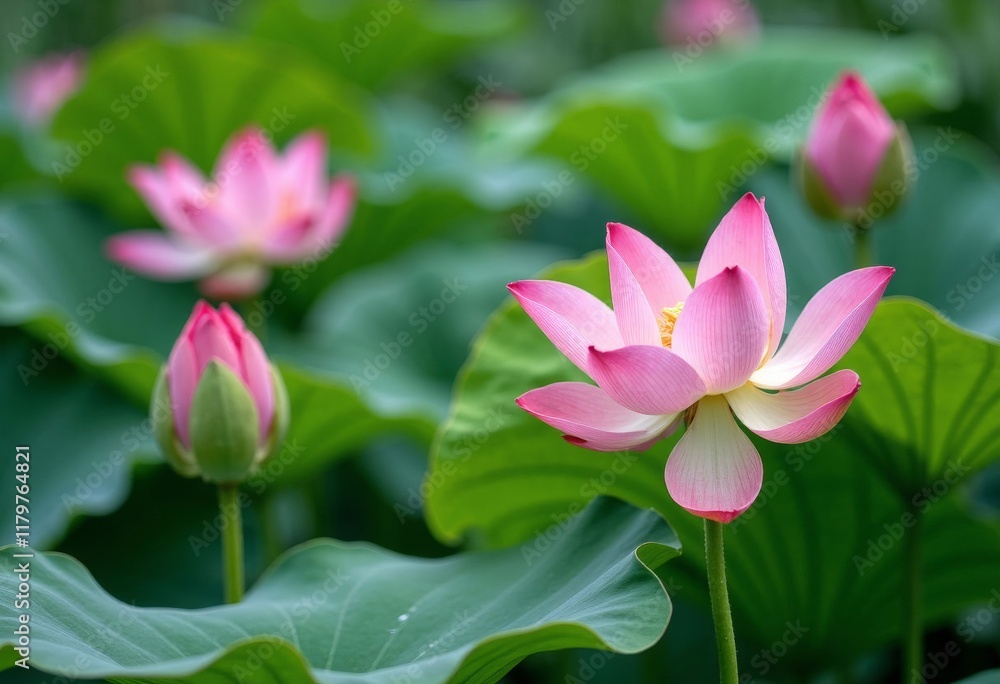 Pink lotus flowers with large green leaves Pink lotus flowers with large green leaves