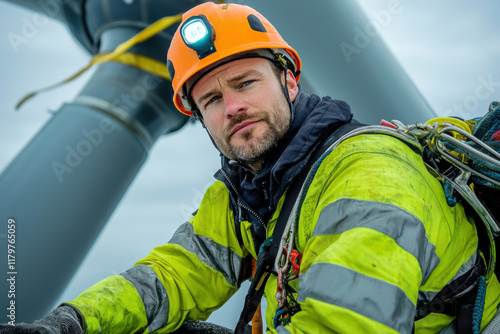 Offshore wind turbine maintenance worker in safety gear, focused and determined. cloudy sky adds to industrial atmosphere photo