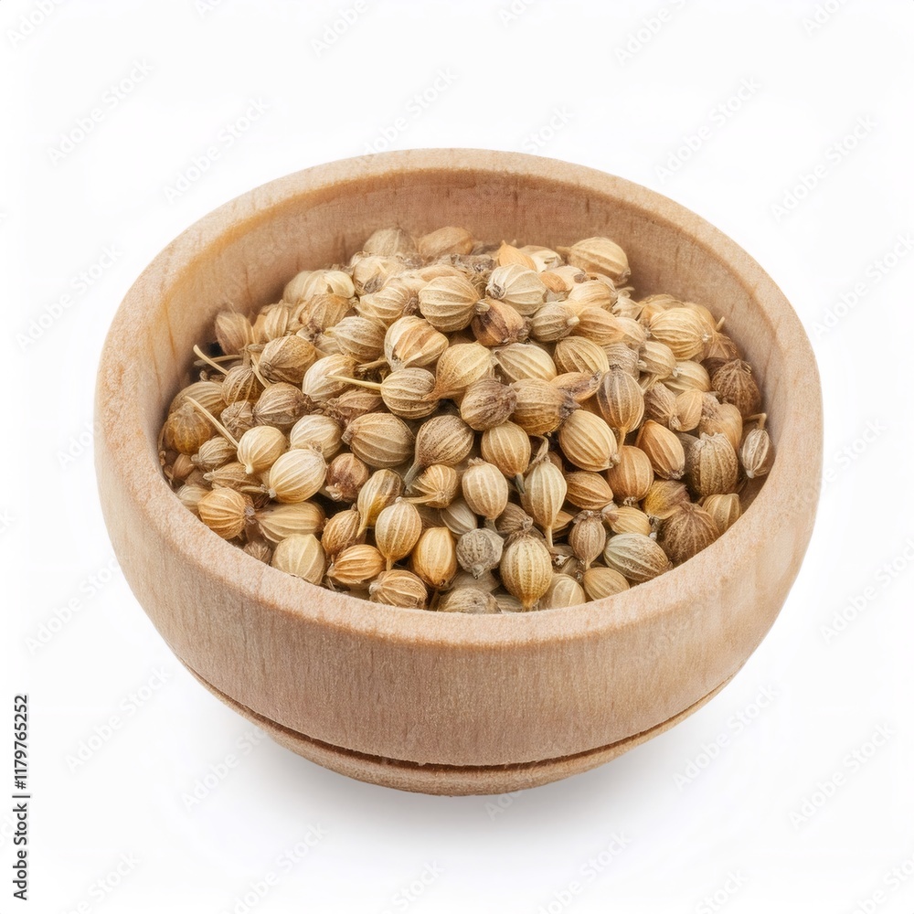 Wooden bowl brimming with aromatic coriander seeds against pristine white backdrop Wooden bowl brimming with aromatic coriander seeds against pristine white backdrop