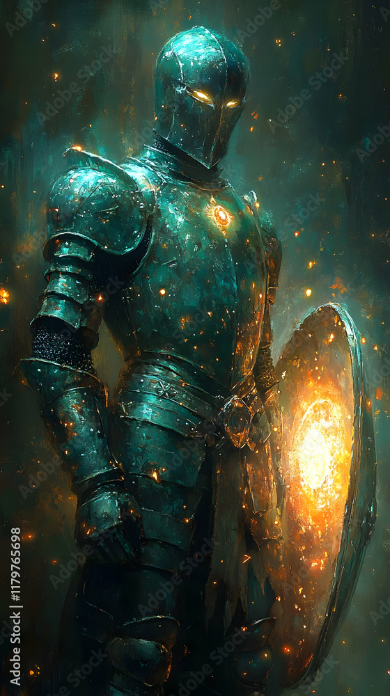 Fototapeta premium Glowing Knight in Dark Fantasy Armor with Fiery Shield: Epic Battle Warrior