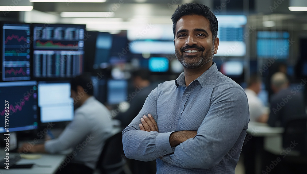 Obraz premium Confident Businessman in a Busy Trading Room