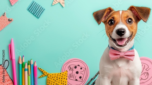 Cute Dog in Bow Tie Surrounded by Colorful Art Supplies and Craft Items photo