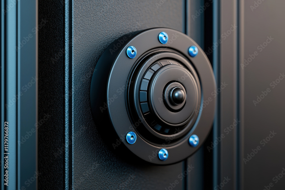 Concept of safety and confidentiality of personal security. A close-up of a secure combination lock mounted on a black surface, featuring a circular dial and blue screws.