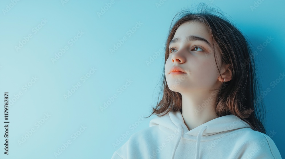 Thoughtful Girl Against Blue Background Space Thoughtful Girl Against Blue Background Space