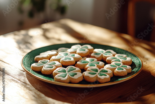 Delicious shamrock shaped cookies resting on green plate for st. Patrick's day celebration photo