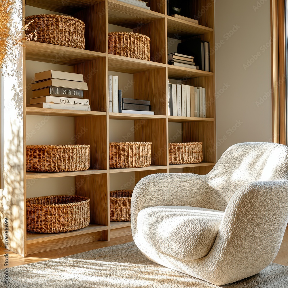 Cozy reading nook with a textured chair and organized bookshelf full of woven baskets. Cozy reading nook with a textured chair and organized bookshelf full of woven baskets.