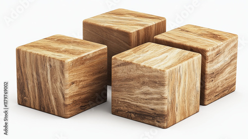 Fototapeta Naklejka Na Ścianę i Meble -  3d wood cube block to play game realistic vector. Isolated wooden education cubic toy design. Building brick toy piece set mockup. 4 basic timber clear brown object perspective side view closeup.