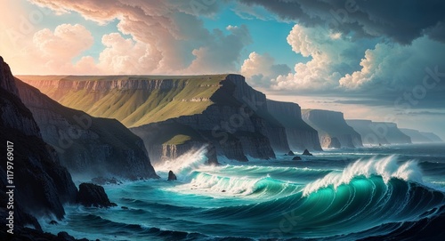 A dramatic clifflined coastline with dramatic waves crashing below photo